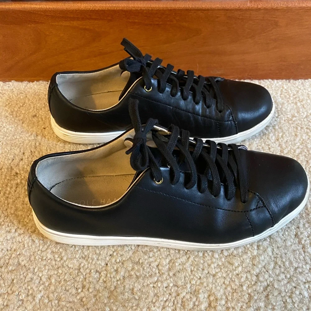 Cole Haan Black Leather Low-Top Sneakers with White Sole - Picture 4 of 7